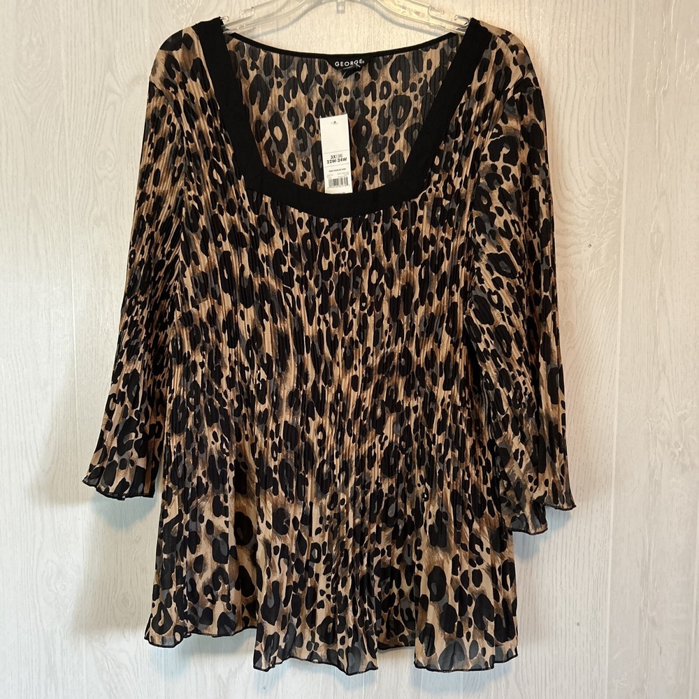 George 22w Cheetah Print Chiffon Square Neck Blouse Flowy‎ Top